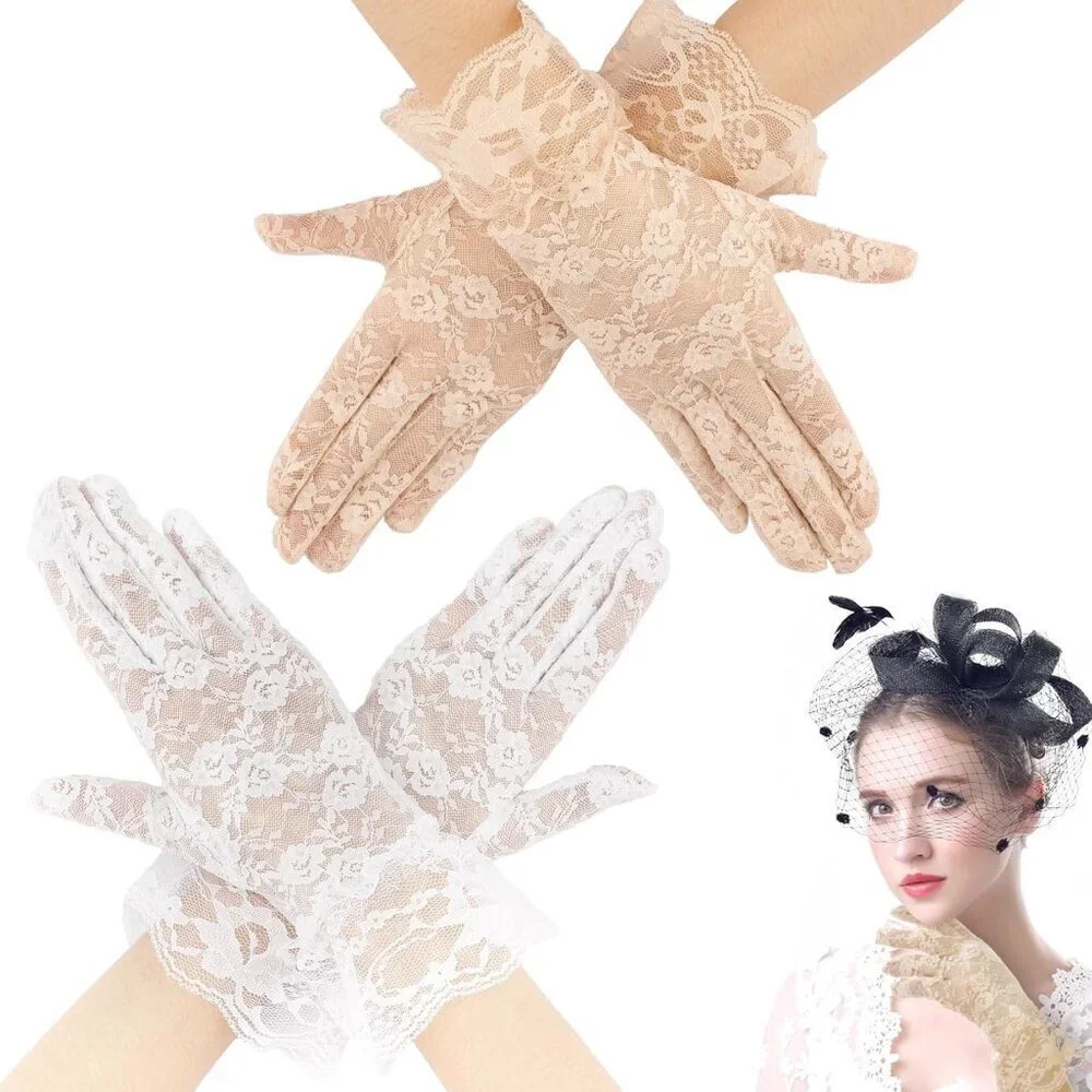 Women White Beige 2P Gloves Bridal Wedding Party Opera Fashion Halloween Cosplay